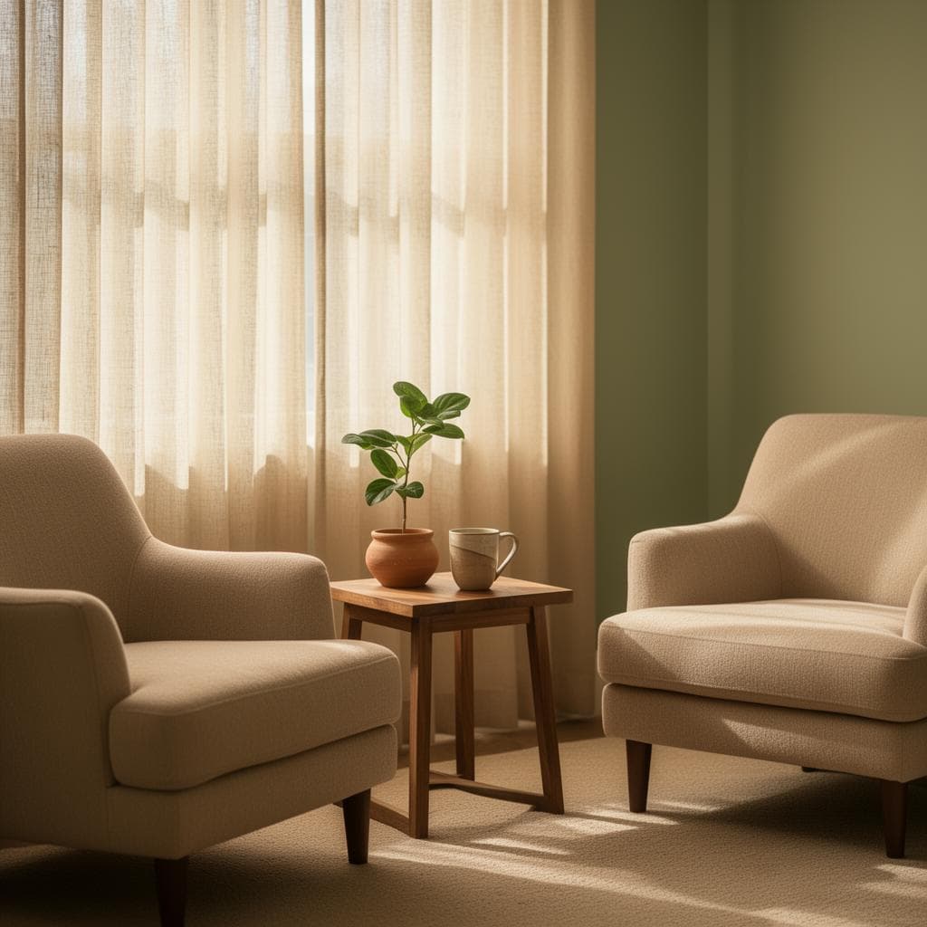 A peaceful, sunlit therapy room with linen curtains, two warm armchairs, and a small plant